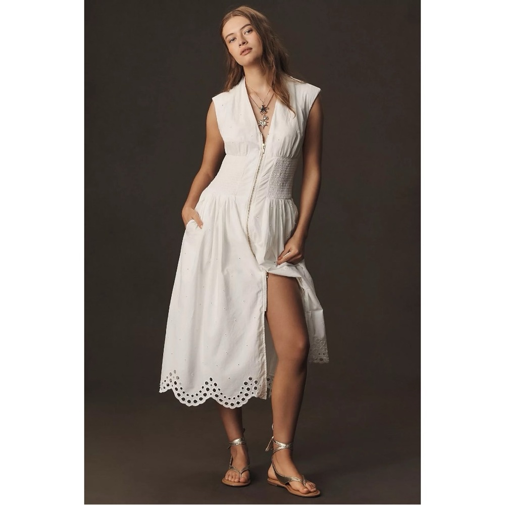 Anthropologie Maeve The Tommie Smocked Shirt Dress Eyelet Trim Zip Front Large